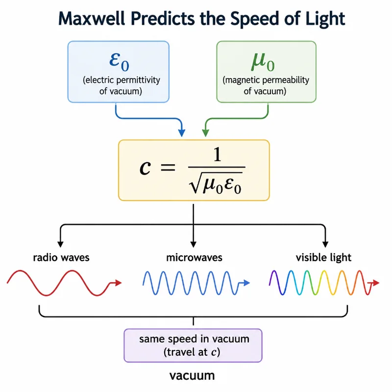 Diagram showing Maxwell’s constants epsilon zero and mu zero combining to predict the speed of electromagnetic waves in vacuum