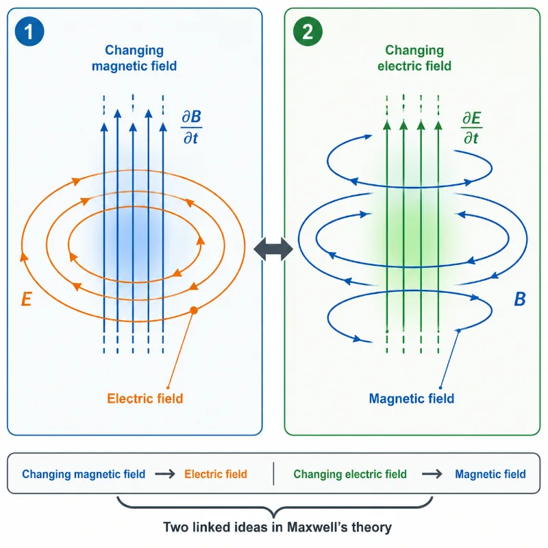 Two-panel diagram showing a changing magnetic field producing an electric field and a changing electric field producing a magnetic field