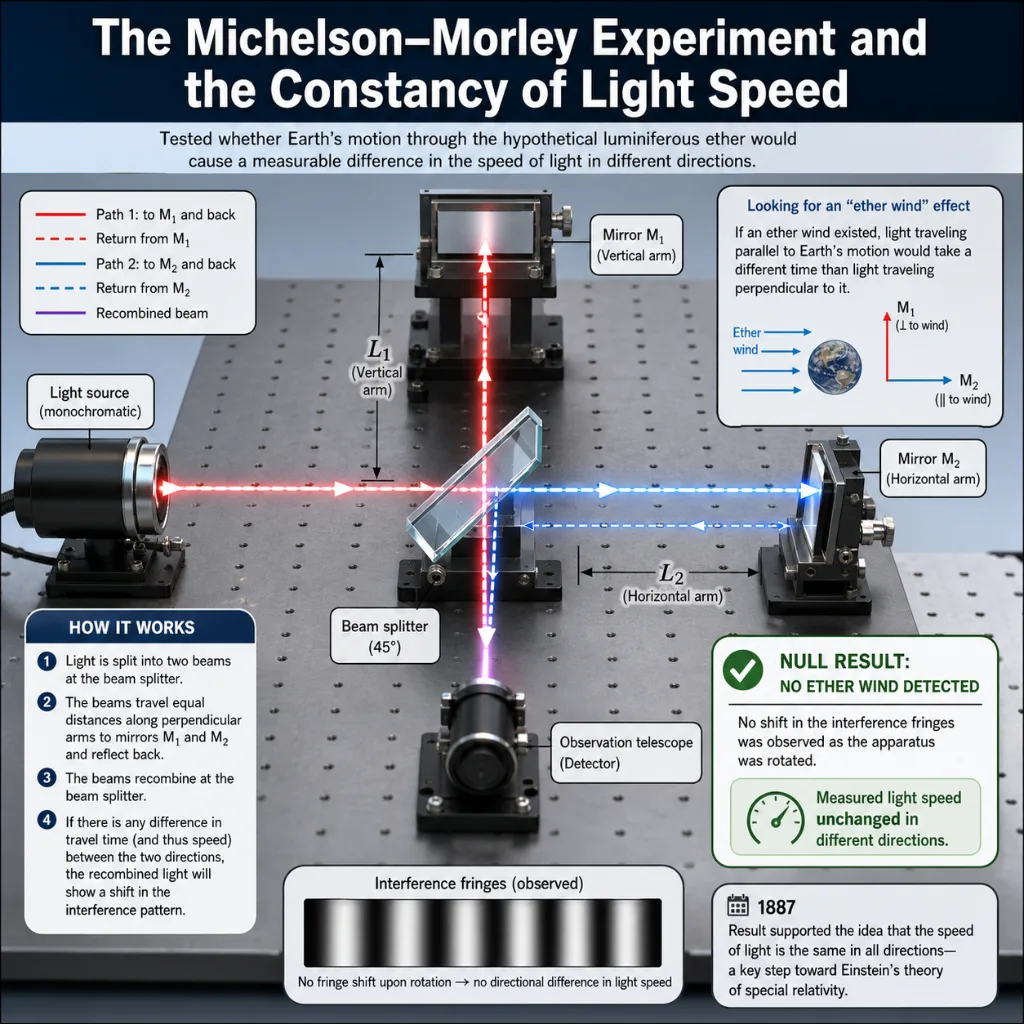 Educational diagram of the Michelson–Morley experiment showing a light source, beam splitter, two perpendicular mirror arms, recombined light beams, interference fringes, and the null result indicating no ether wind was detected.