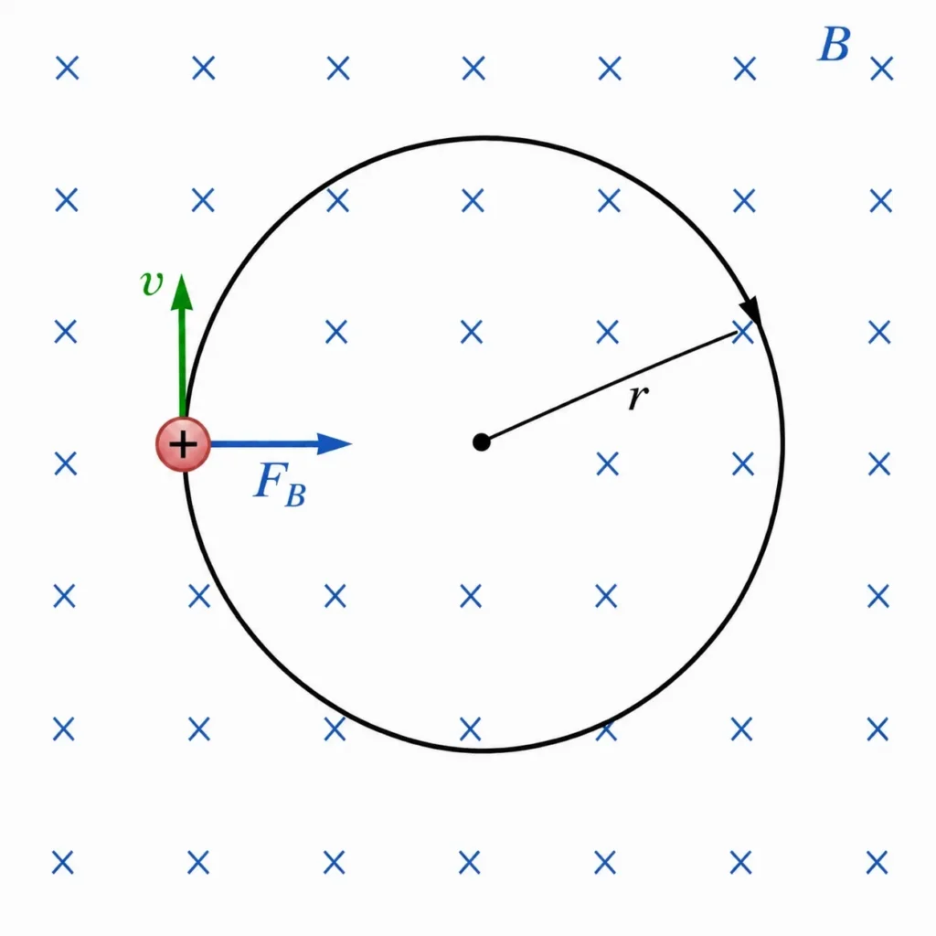 Positively charged particle entering a uniform magnetic field and following a circular path, with velocity, magnetic force, field direction, and radius labelled