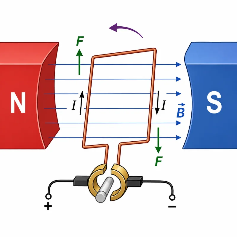Current-carrying coil placed between north and south magnetic poles, showing opposite forces on the two sides of the coil causing rotation.