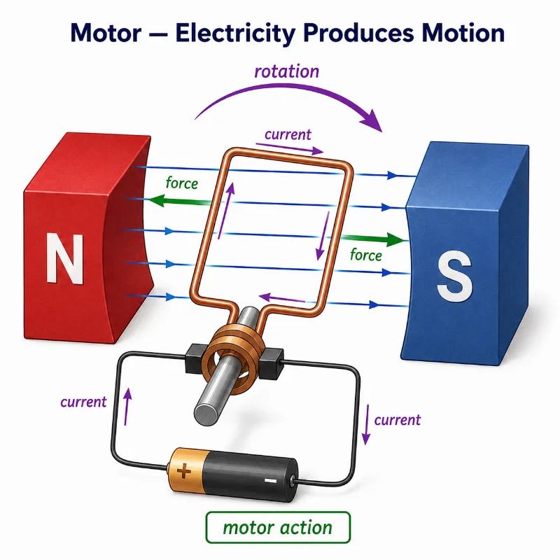 Electric motor diagram showing a current-carrying coil between magnetic poles with forces producing rotation