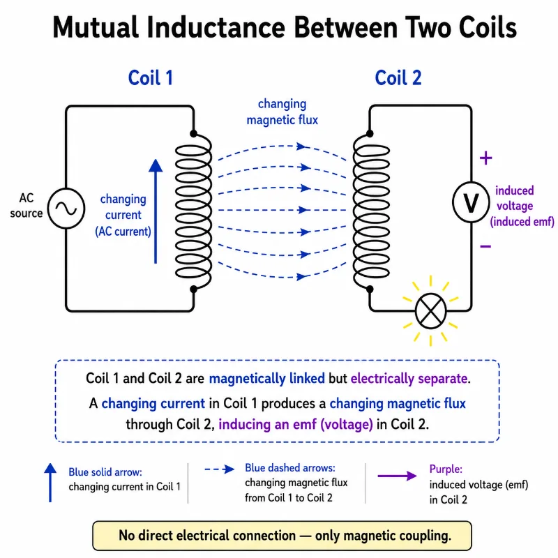 Diagram showing two nearby coils, with changing current in Coil 1 producing changing magnetic flux that induces voltage in Coil 2