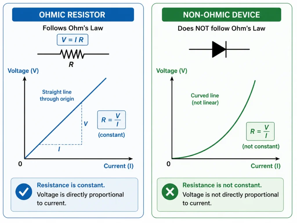 Comparison of an ohmic resistor and a non-ohmic device, showing a straight-line voltage-current graph for constant resistance and a curved voltage-current graph for changing resistance.