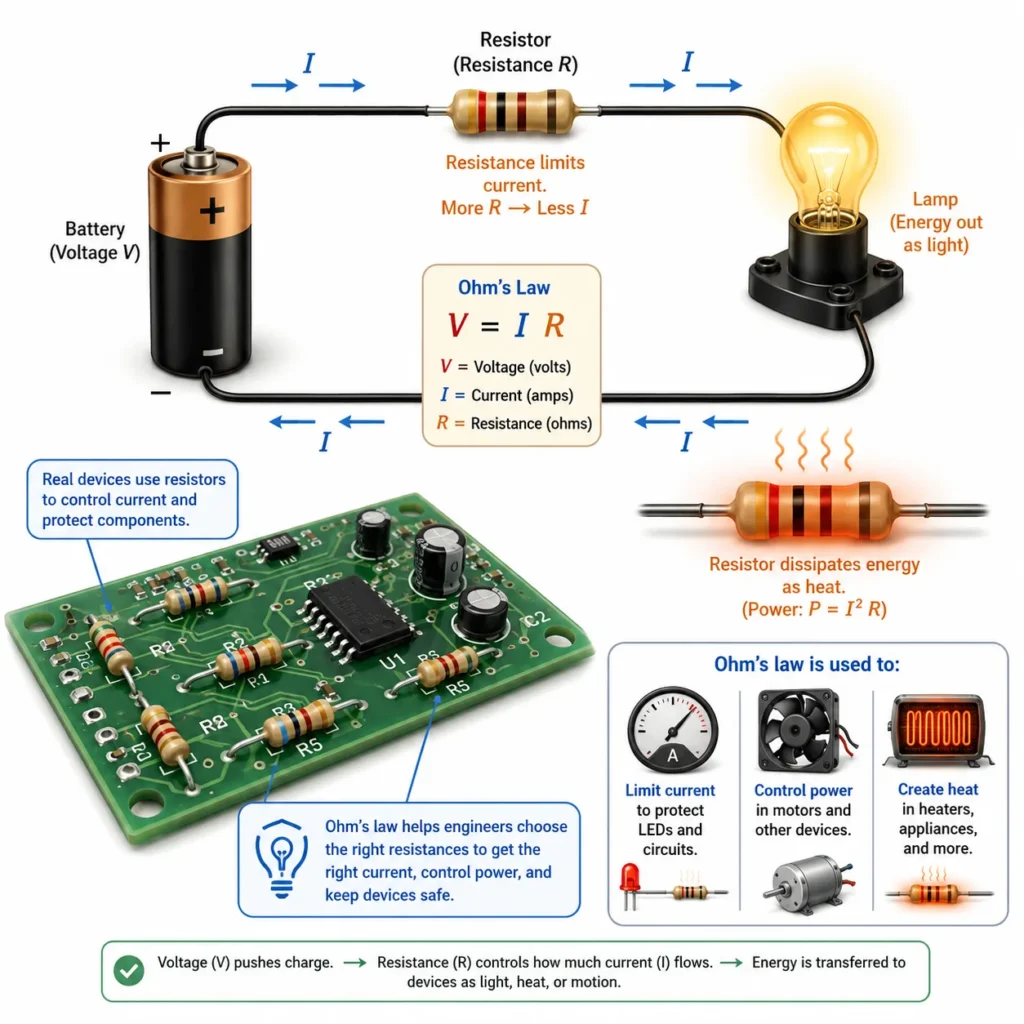 Real-world examples of Ohm’s law, including a battery powering a lamp through a resistor, a circuit board with resistors, and a heating resistor converting electrical energy into heat.