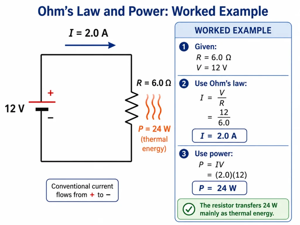 Worked example of a simple circuit with a 12 volt battery and a 6 ohm resistor, showing a current of 2.0 amperes and power transfer of 24 watts.