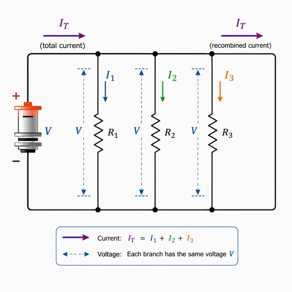 Parallel circuit with a battery and three resistor branches, showing total current splitting into branch currents and recombining, while each branch has the same voltage across it.