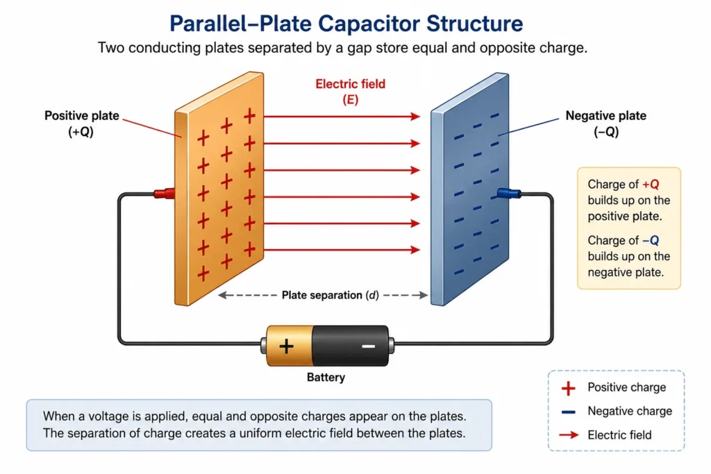 Diagram of a parallel-plate capacitor connected to a battery, showing positive and negative plates, separated charges, plate spacing, and a uniform electric field between the plates.
