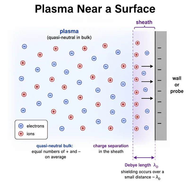 Educational plasma physics diagram showing electrons and ions near a wall or probe, with a thin sheath region, charge separation, electric field arrows, and Debye length λD.