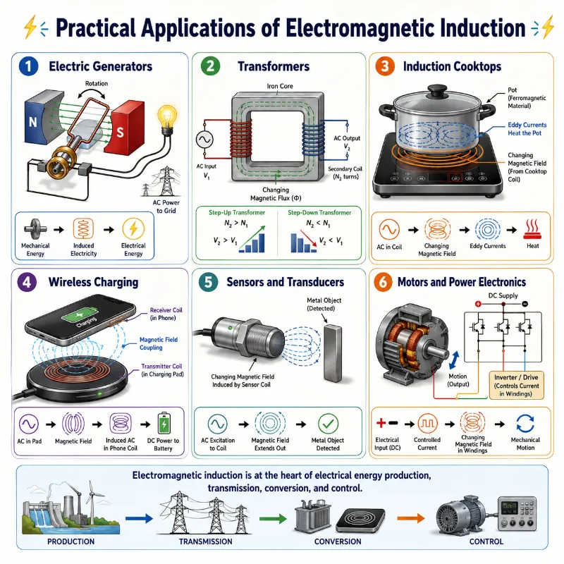 Infographic showing practical applications of electromagnetic induction in generators, transformers, induction cooktops, wireless charging, sensors, motors, and power electronics