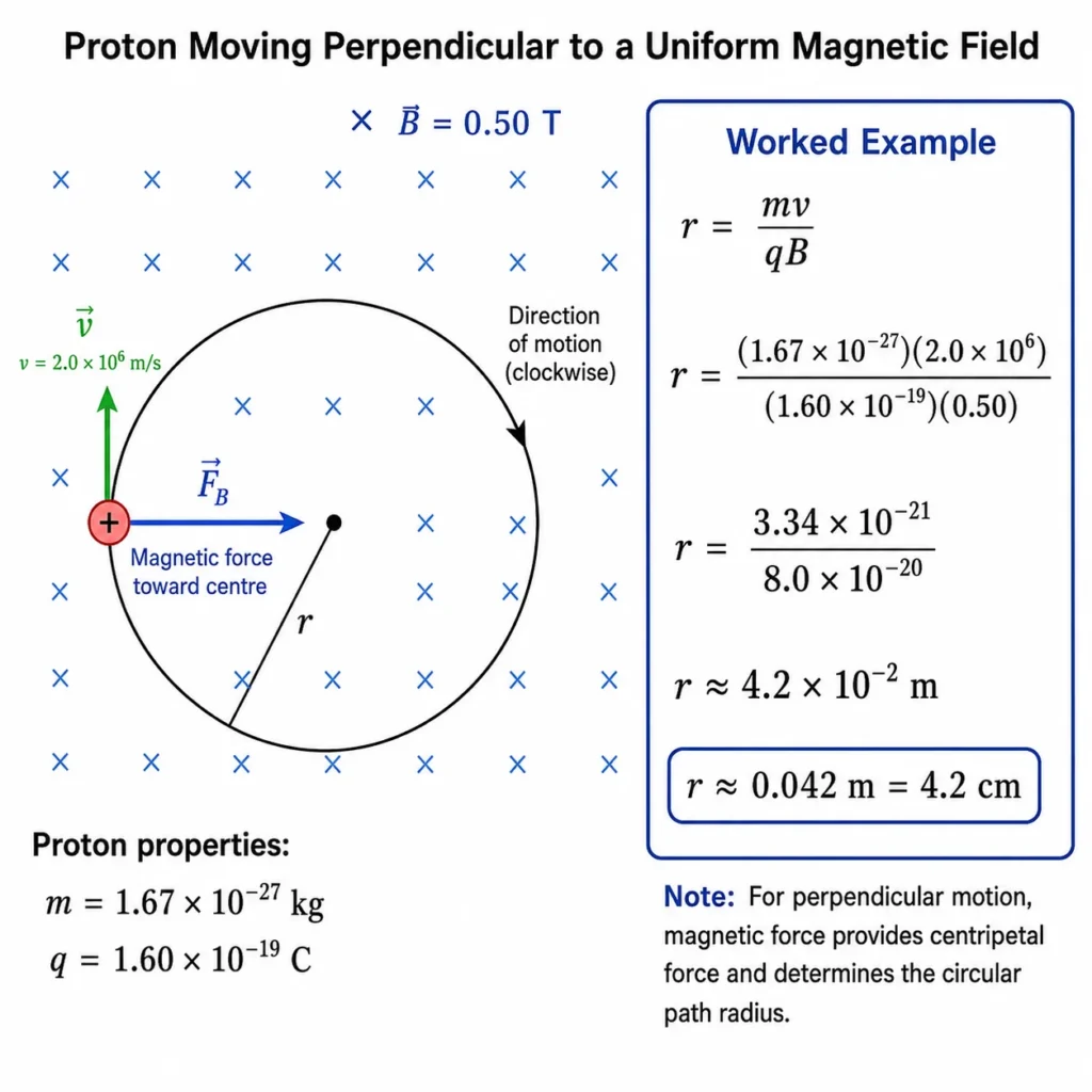 Worked example showing a proton moving perpendicular to a 0.50 tesla magnetic field in a circular path, with velocity, magnetic force, radius, proton mass, charge, and radius calculation labelled.