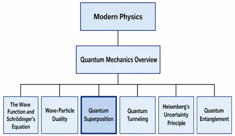 Structure chart showing Quantum Superposition within the Modern Physics and Quantum Mechanics pathway, connected to wave function, wave-particle duality, quantum tunneling, uncertainty principle, and quantum entanglement topics.