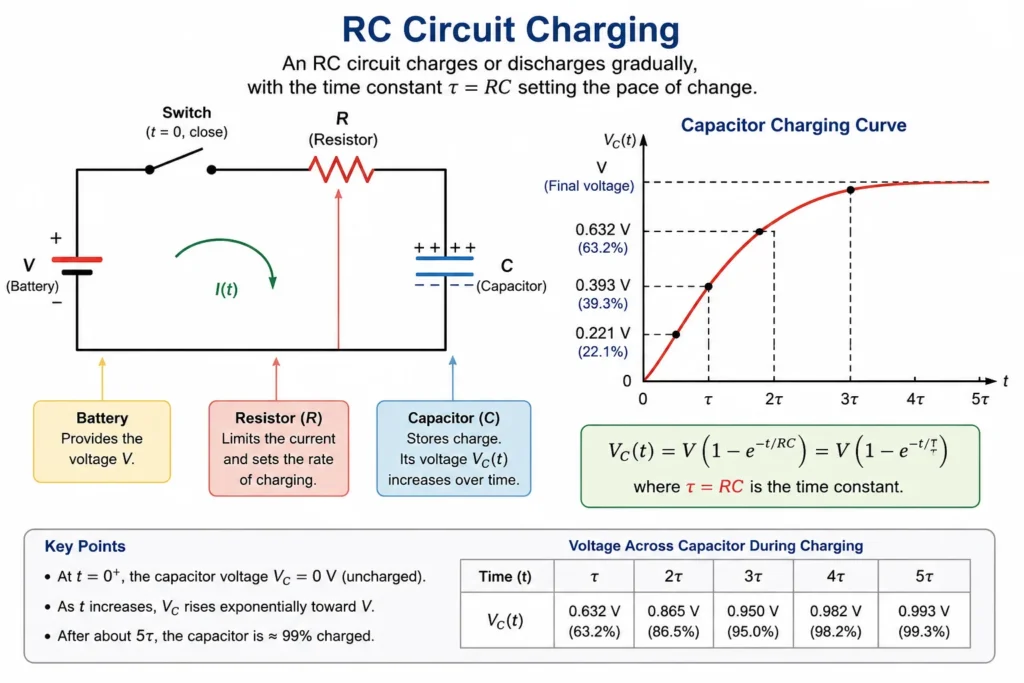 RC circuit charging diagram with a battery, switch, resistor, and capacitor, shown beside a capacitor voltage charging curve that rises gradually over time according to the time constant tau equals RC.