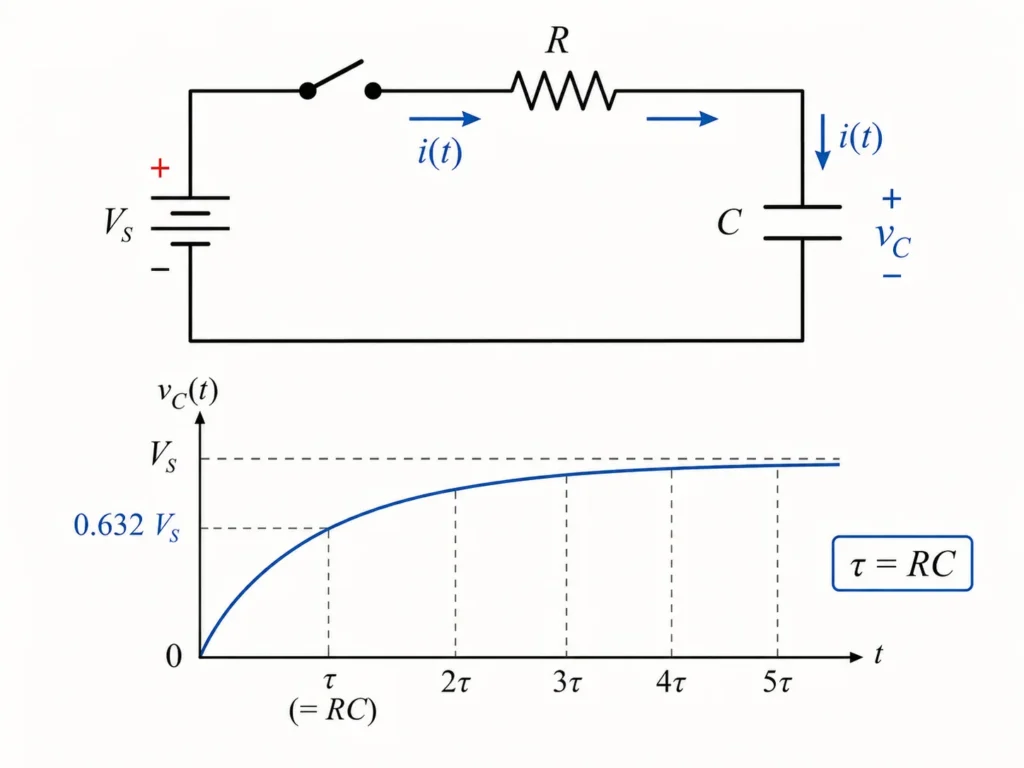 RC charging circuit with a battery, switch, resistor, and capacitor, shown above a graph of capacitor voltage rising gradually toward the supply voltage over time.