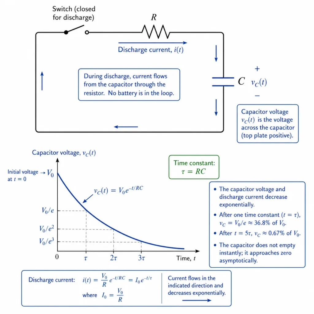 RC discharging circuit with a charged capacitor connected through a resistor, showing discharge current and a graph of capacitor voltage decreasing exponentially over time.