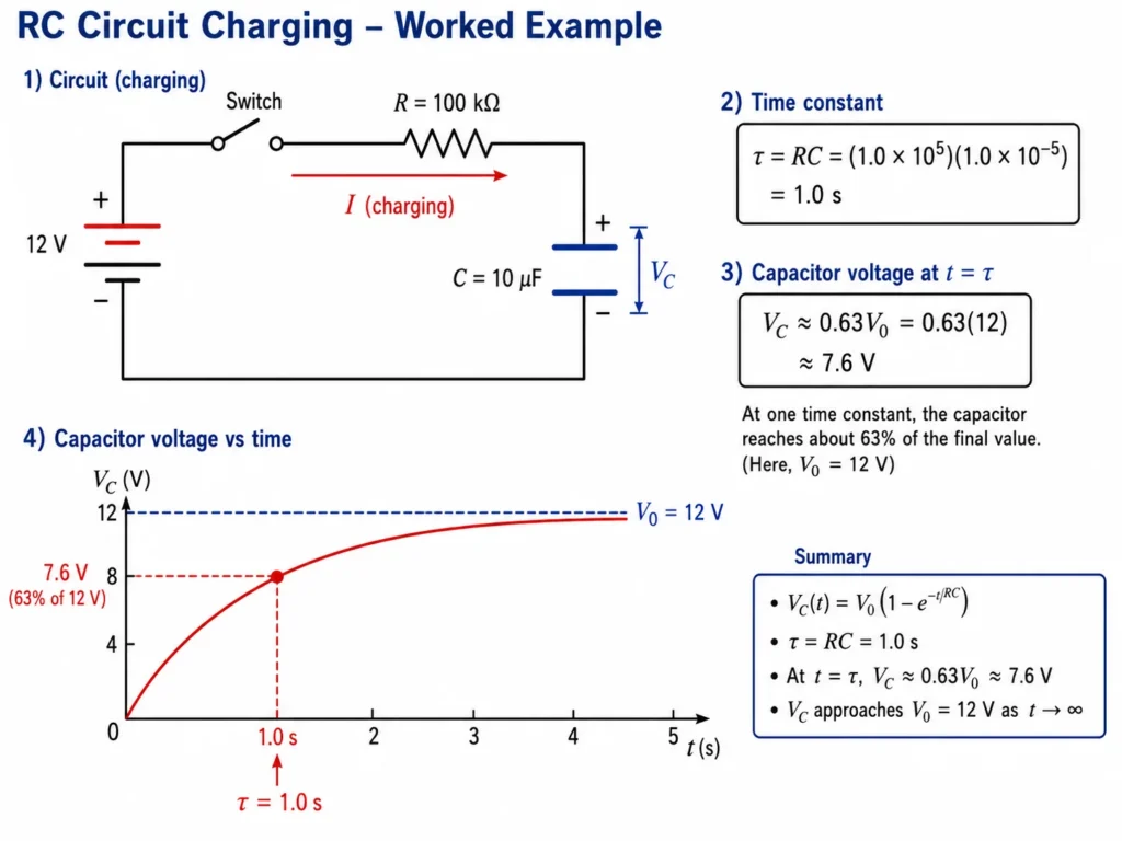 Worked example of an RC charging circuit with a 12 volt supply, a 100 kilo-ohm resistor, and a 10 microfarad capacitor, showing a time constant of 1.0 second and a capacitor voltage of about 7.6 volts after one time constant.