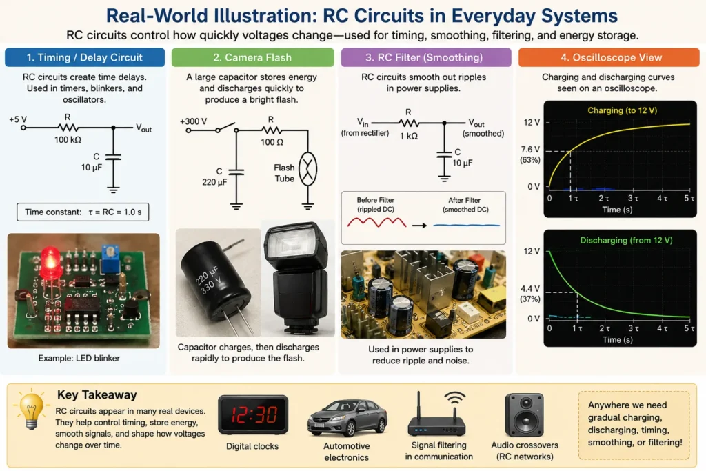 Real-world examples of RC circuits used for timing, camera flashes, power supply smoothing, filtering, and oscilloscope displays of charging and discharging curves.
