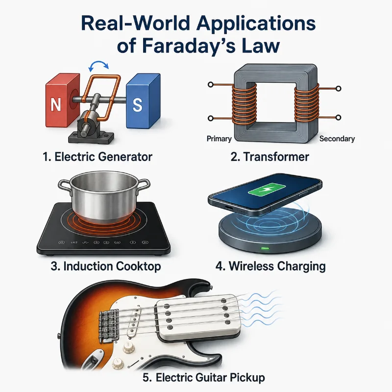 Real-world applications of Faraday’s law including generator, transformer, induction cooktop, wireless charging, and electric guitar pickup