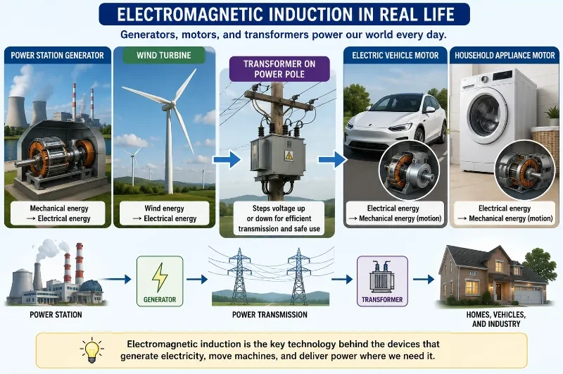 Real-world applications of generators, motors, and transformers in power stations, wind turbines, electric vehicles, appliances, and electrical grids