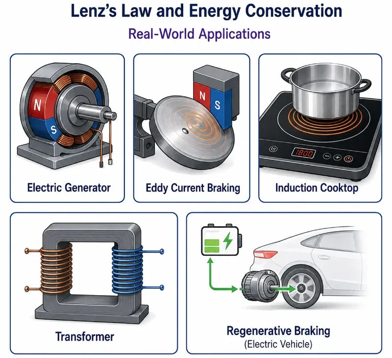 Real-world applications of Lenz’s law including generators, eddy current braking, induction cooktops, transformers, and regenerative braking
