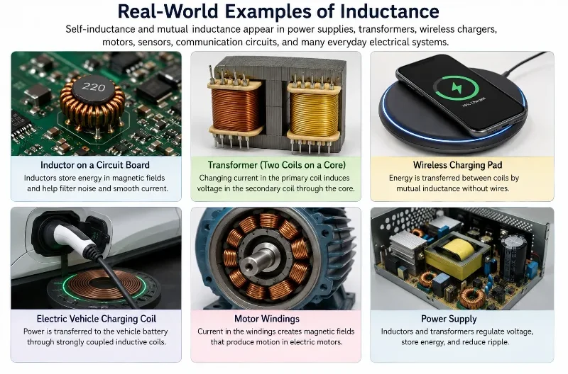 Infographic showing real-world examples of self-inductance and mutual inductance in circuit boards, transformers, wireless chargers, electric vehicle charging coils, motor windings, and power supplies