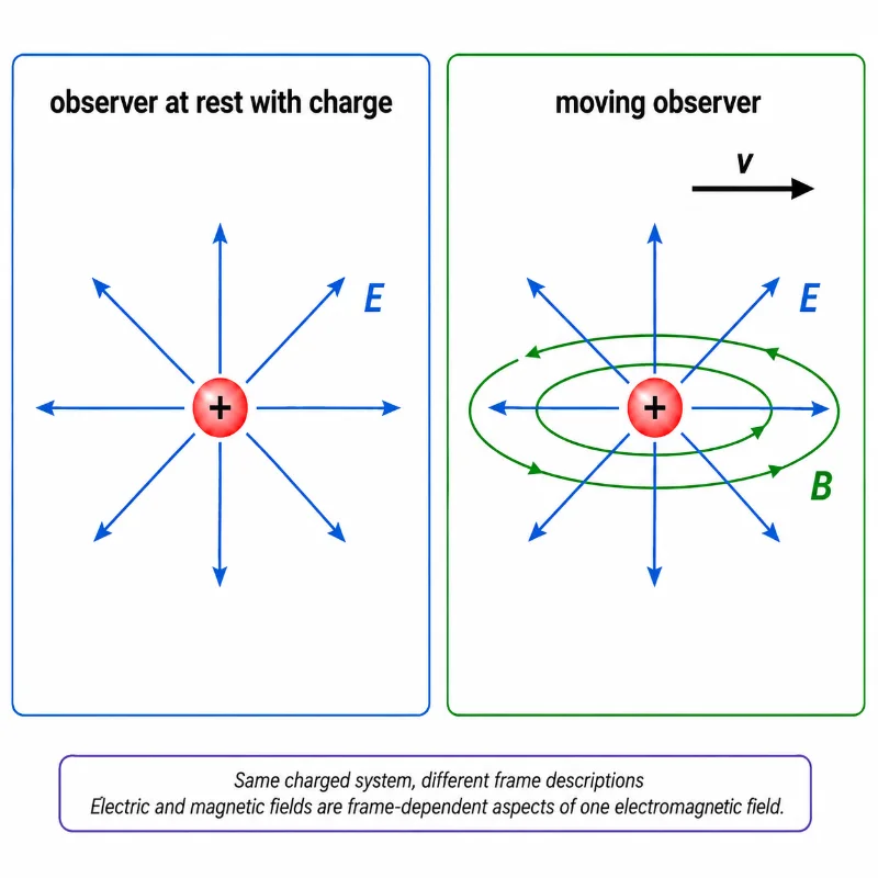 Two-panel educational diagram showing a charge viewed from different reference frames. In the rest frame, the charge is shown with electric field arrows only. In the moving observer’s frame, the same charged system is shown with electric field arrows and magnetic field loops.