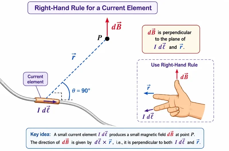Educational physics diagram showing a current element I dℓ, position vector r to point P, and magnetic field contribution dB perpendicular to both vectors using the right-hand rule.