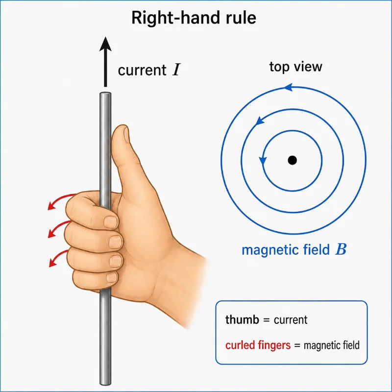 Right-hand rule diagram showing thumb in the direction of current and curled fingers in the direction of the magnetic field around a wire