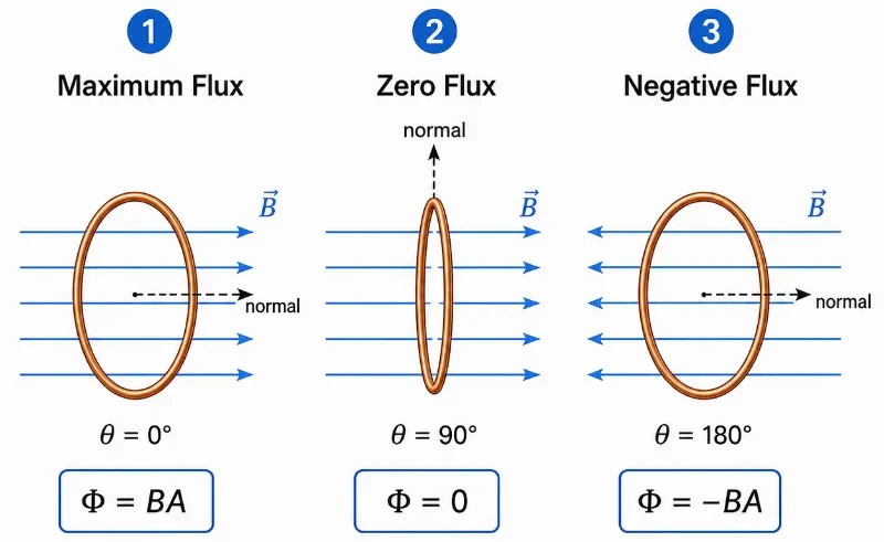 Coil rotating between magnetic poles with magnetic field lines and changing angle shown