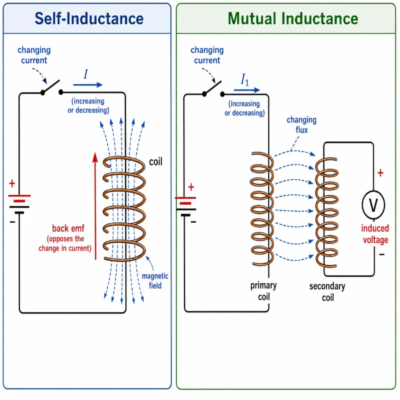 Comparison diagram showing self-inductance in one coil circuit and mutual inductance between two magnetically linked coils