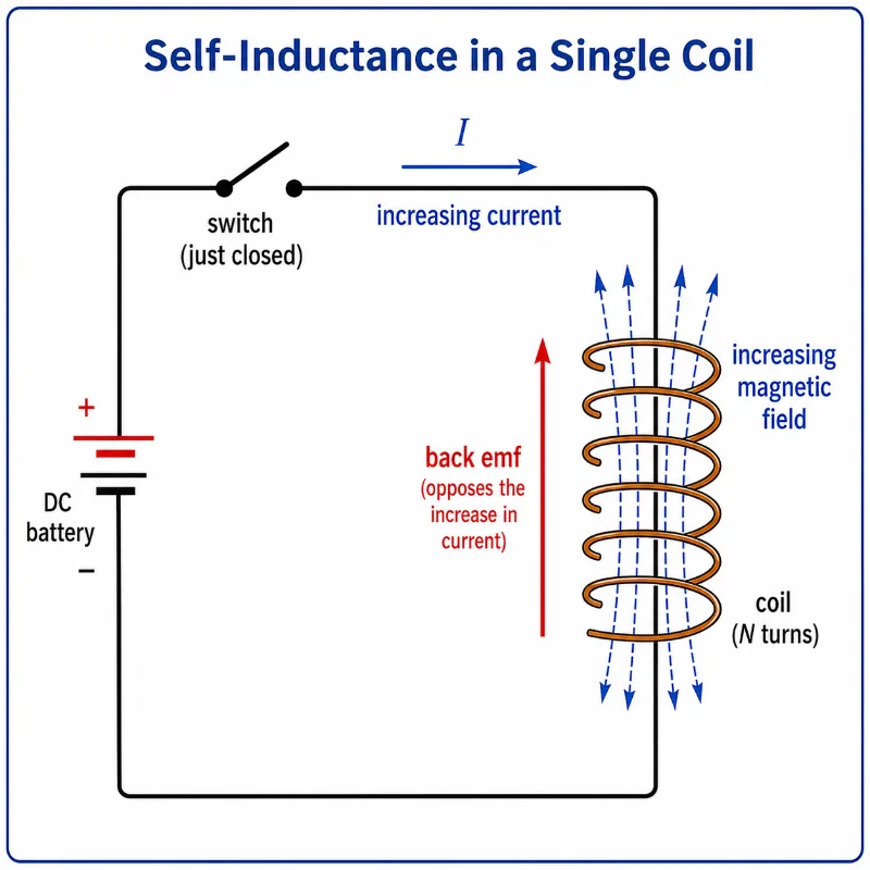Diagram showing a single coil circuit with increasing current, increasing magnetic field, and back emf opposing the current change