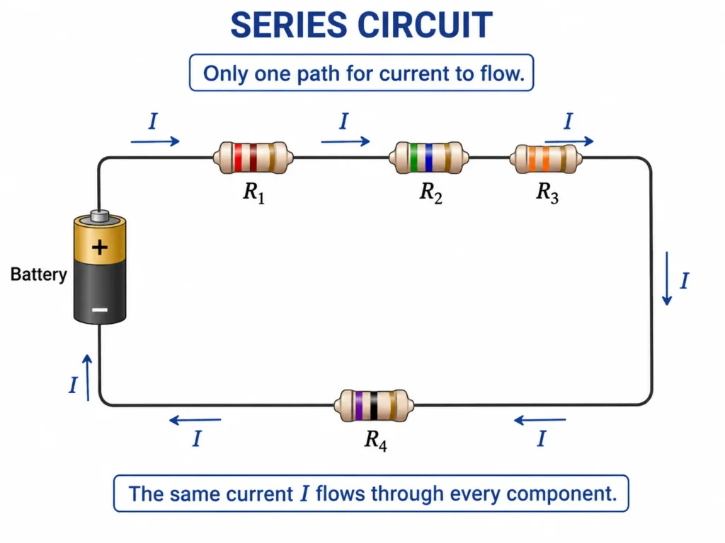 Series circuit with a battery and four resistors connected in one loop, showing the same current flowing through every component.