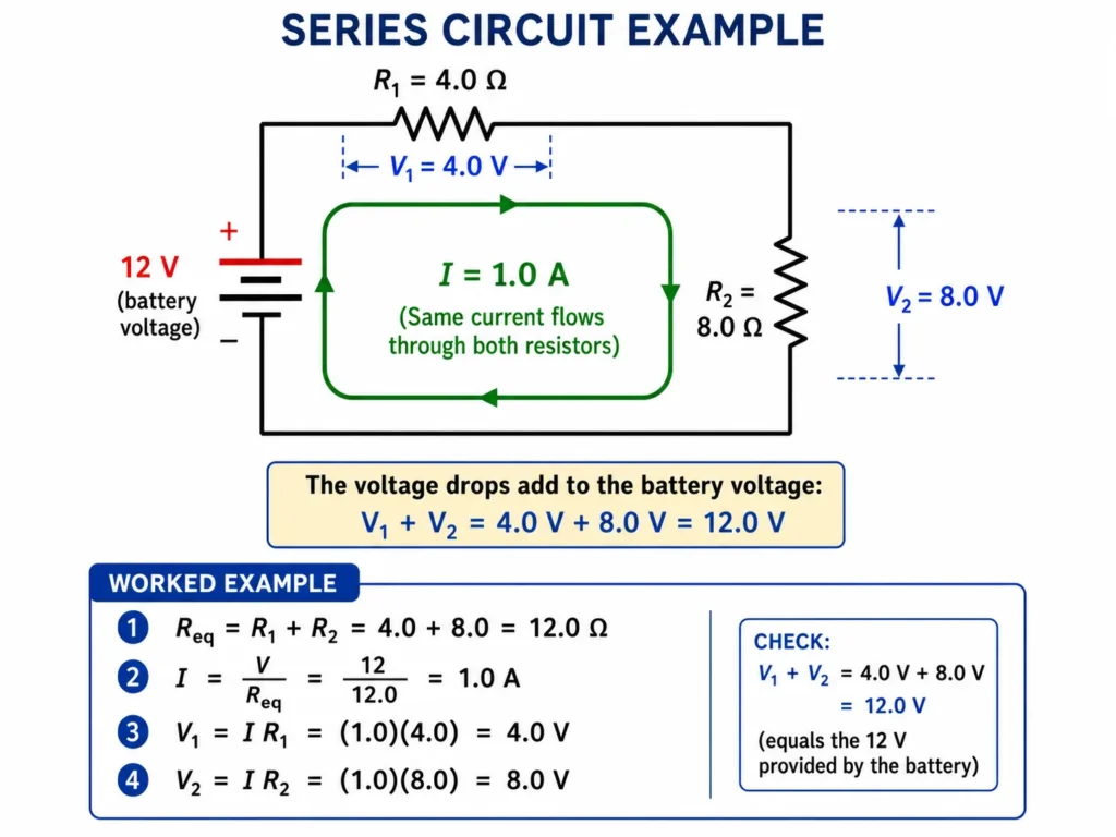 Worked example of a series circuit with a 12 volt battery, a 4 ohm resistor, and an 8 ohm resistor, showing current of 1 ampere and voltage drops of 4 volts and 8 volts.