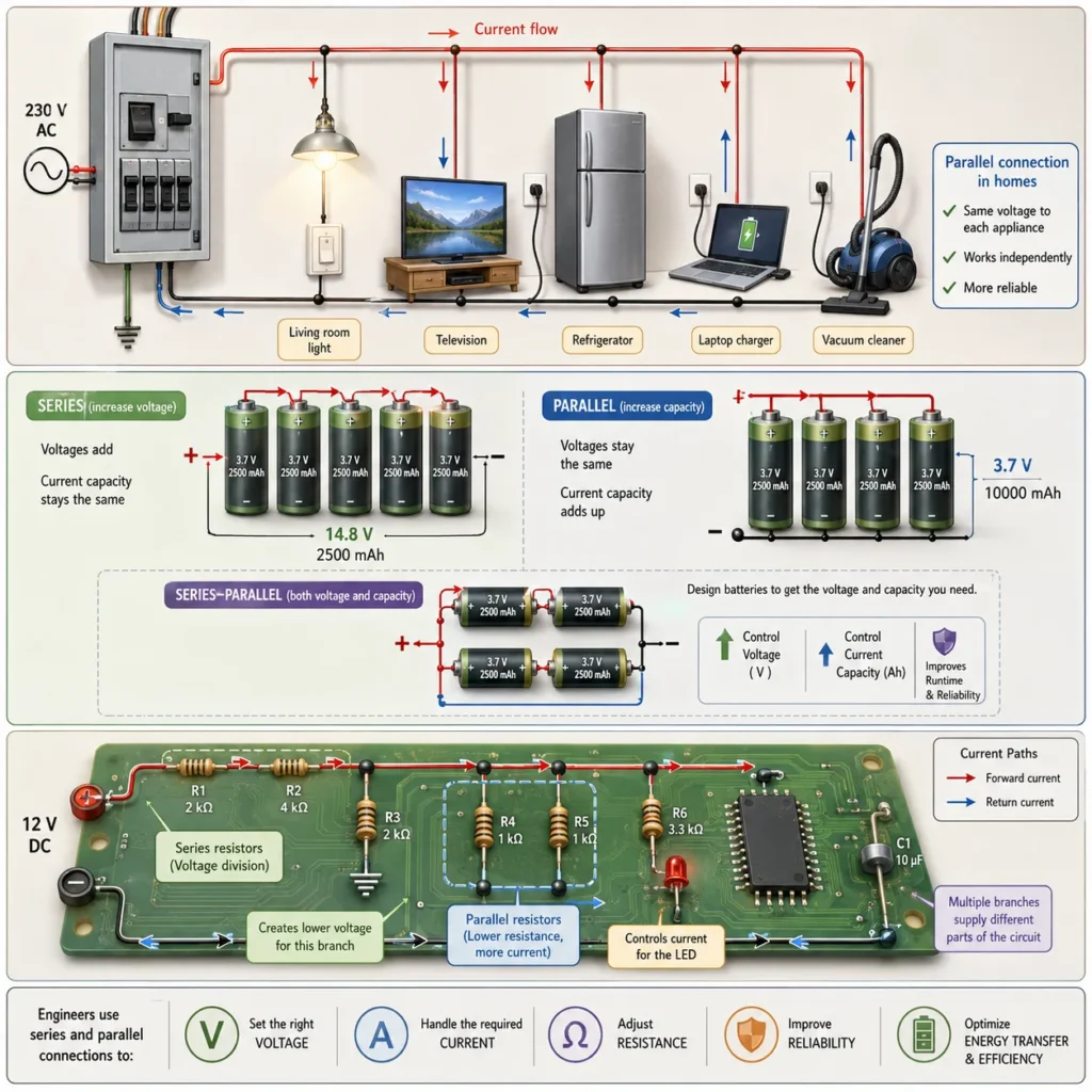 Real-world examples of series and parallel circuits, including household parallel wiring, battery cells connected in series and parallel, and a circuit board with resistor networks.