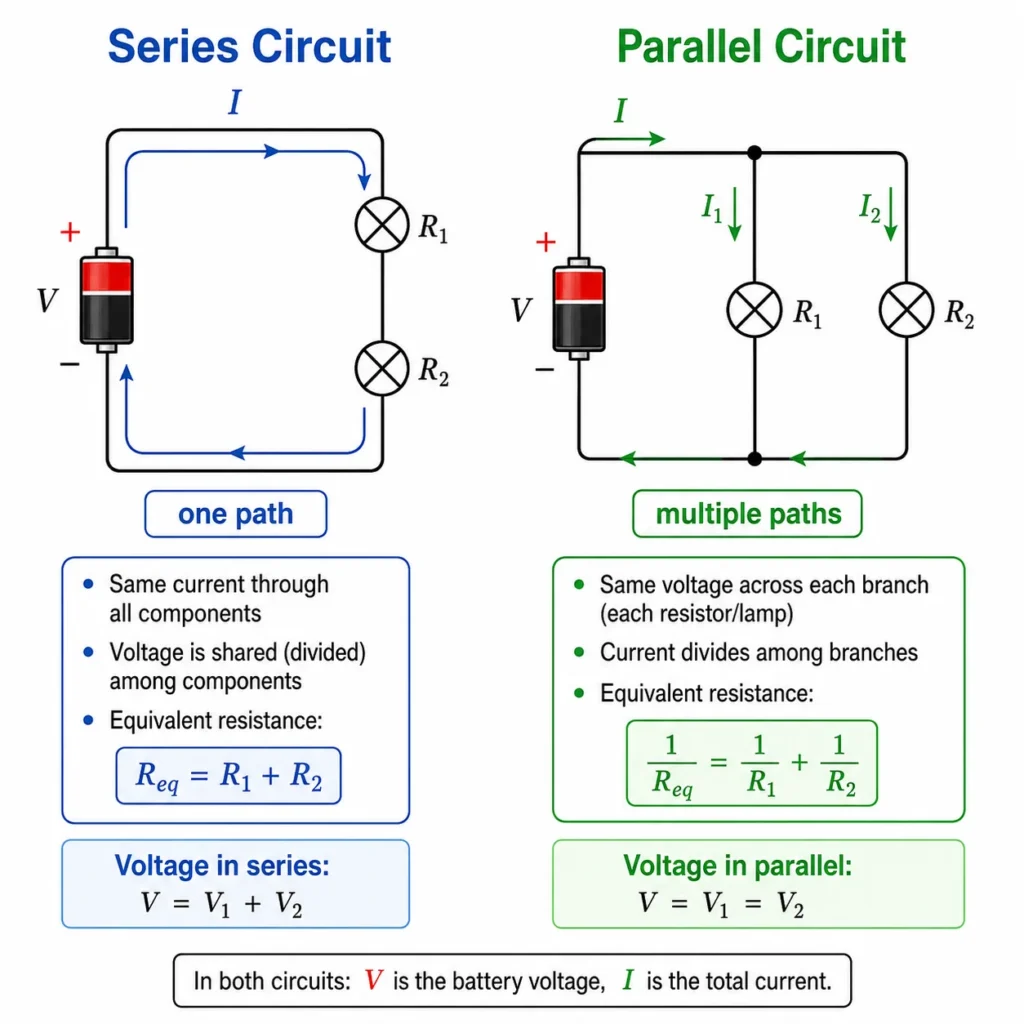 Side-by-side comparison of a series circuit and a parallel circuit, showing one current path in series, multiple current paths in parallel, voltage behaviour, and equivalent resistance formulas.