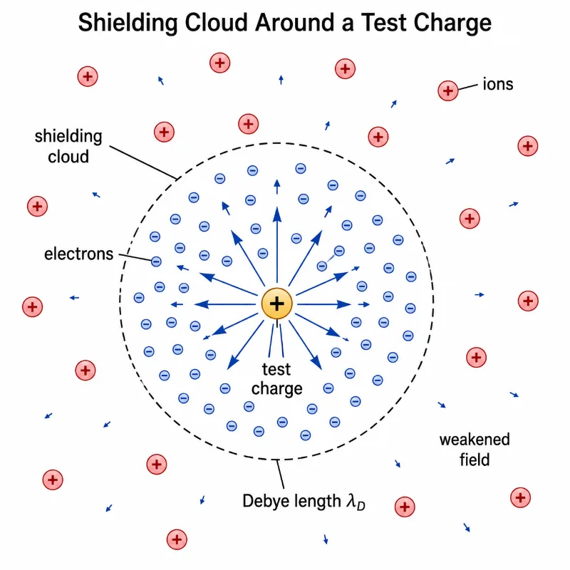 Educational plasma physics diagram showing a positive test charge surrounded by clustered electrons, more distant ions, weakened electric field arrows, and a dashed Debye length λD boundary.