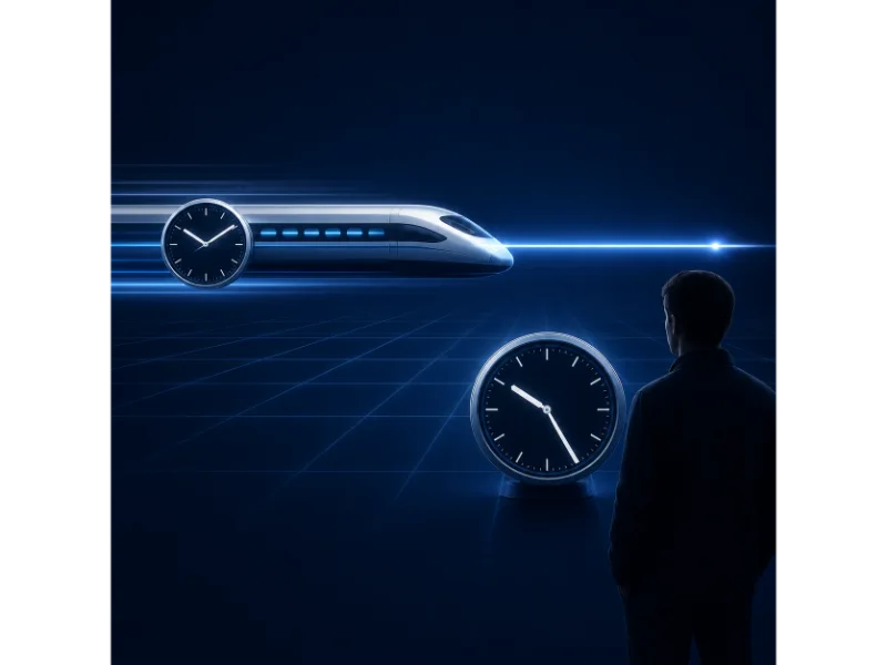 Illustration of Special Relativity showing a high-speed train, a light beam, two clocks, and an observer comparing time measurements in relative motion.