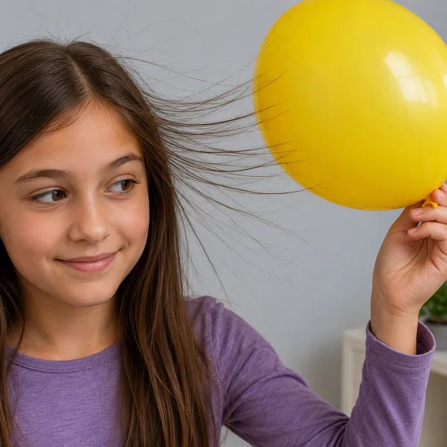 A charged yellow balloon attracting strands of hair, showing static electricity as an everyday example of electric charge interaction.