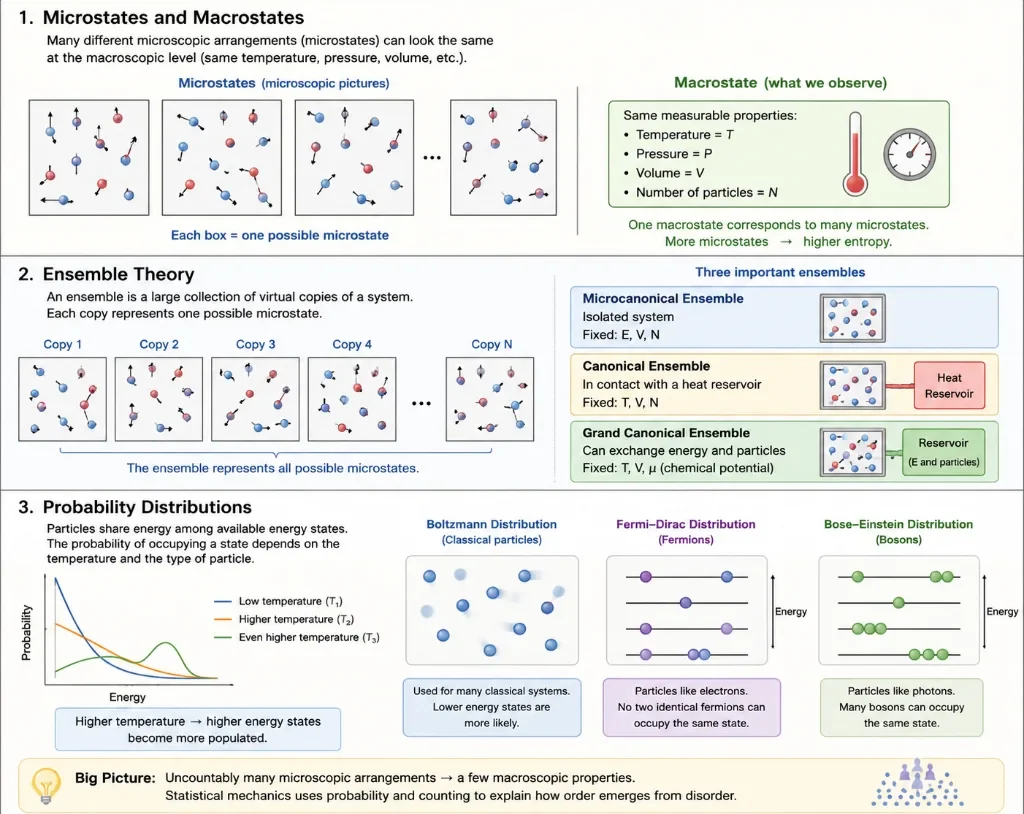 Infographic explaining microstates and macrostates, ensemble theory, and probability distributions in statistical mechanics using particle diagrams, energy levels, and temperature-related probability curves.