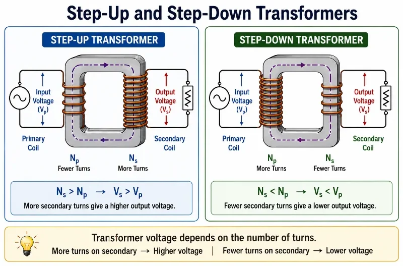 Comparison of step-up and step-down transformers showing primary turns, secondary turns, input voltage, and output voltage