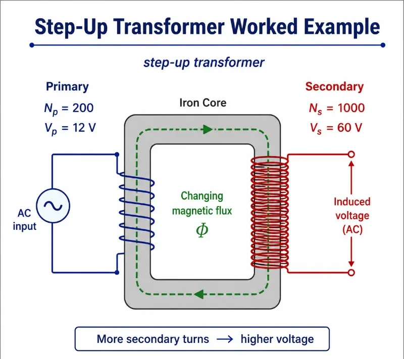 Step-up transformer worked example showing 200 primary turns, 1000 secondary turns, 12 volts input, and 60 volts output
