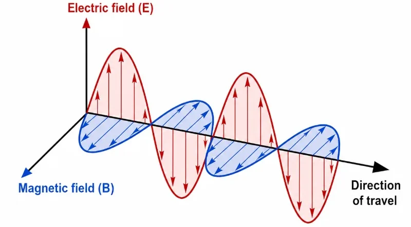 3D-style diagram showing an electromagnetic wave with electric field, magnetic field, and direction of travel all mutually perpendicular