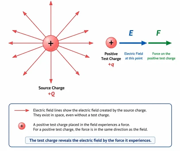 A positive test charge placed in an electric field, with arrows showing that the force on the positive charge acts in the same direction as the electric field.