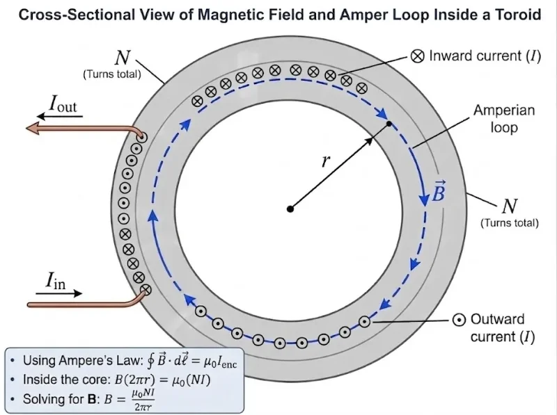 Cross-sectional educational diagram of a toroid showing inward and outward current directions, a circular Amperian loop inside the core, radius r, magnetic field B around the core, and the total turns N.
