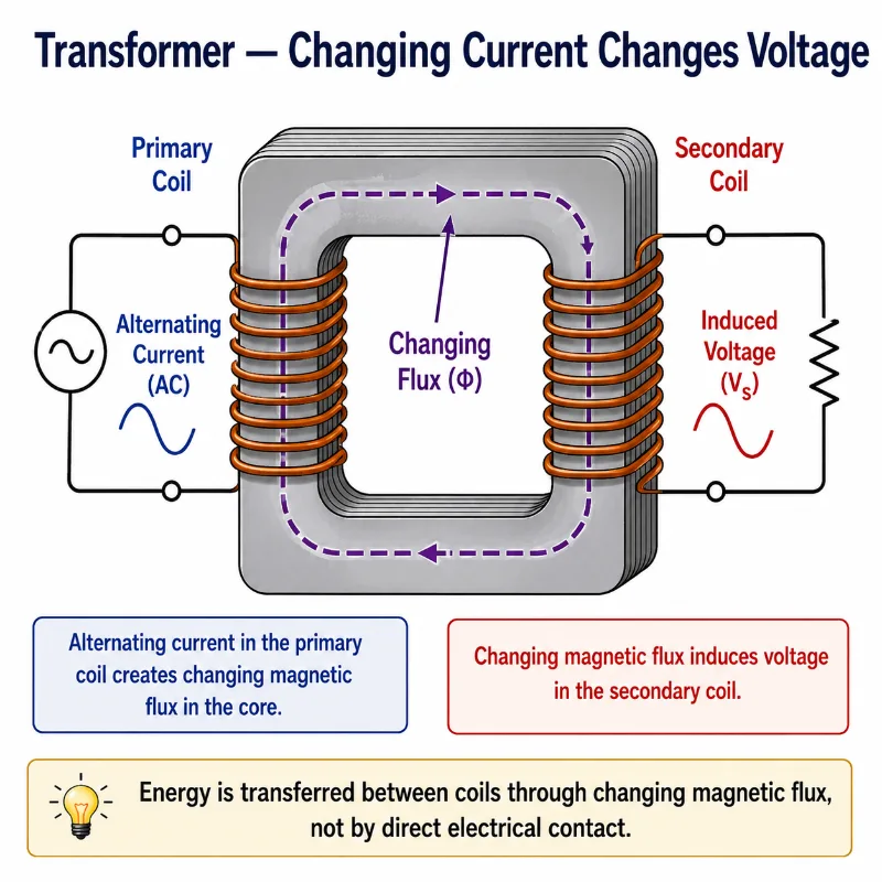 Transformer diagram showing alternating current in a primary coil producing changing magnetic flux and inducing voltage in a secondary coil