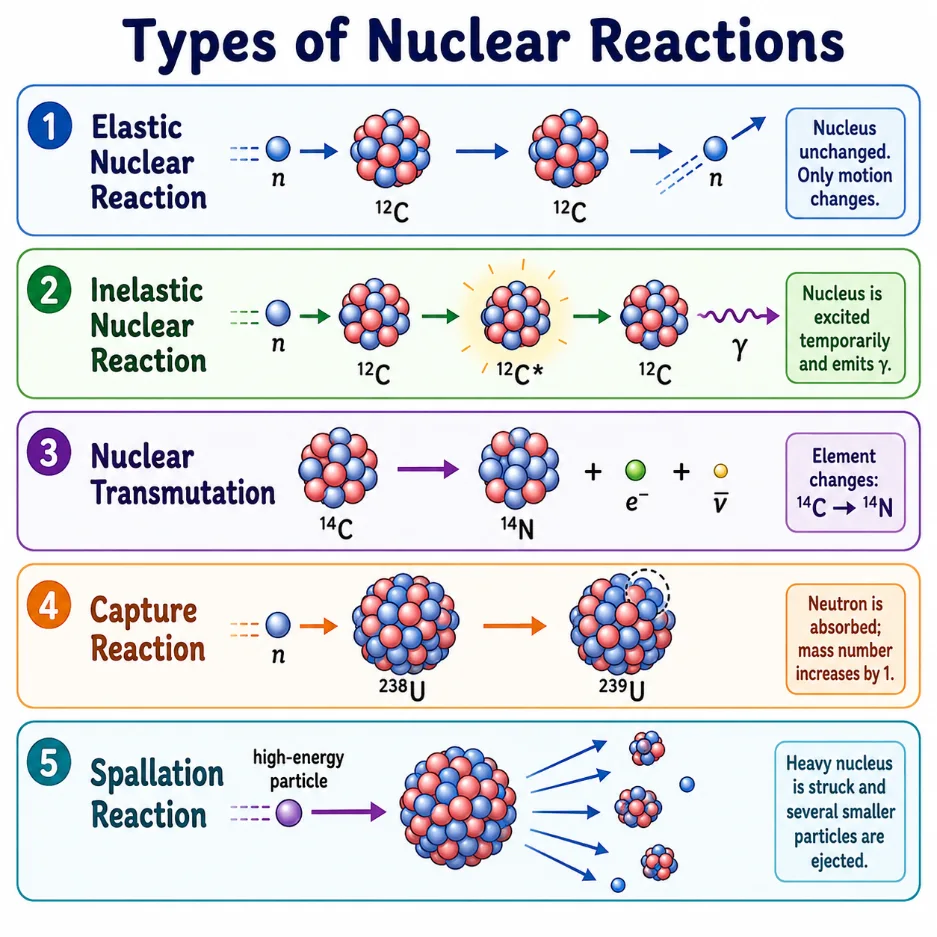 Diagram comparing elastic nuclear reactions, inelastic nuclear reactions, nuclear transmutation, capture reactions, and spallation reactions.