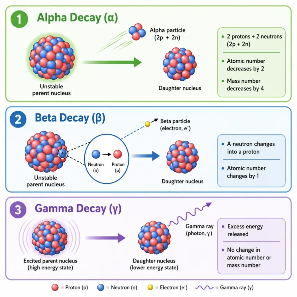 Illustration comparing alpha decay, beta decay and gamma decay, showing how each process changes an unstable nucleus in a different way.