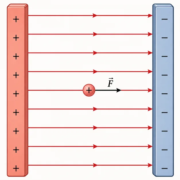 Parallel positive and negative plates with straight, evenly spaced electric field lines pointing from the positive plate to the negative plate, and a positive test charge experiencing force in the field direction.