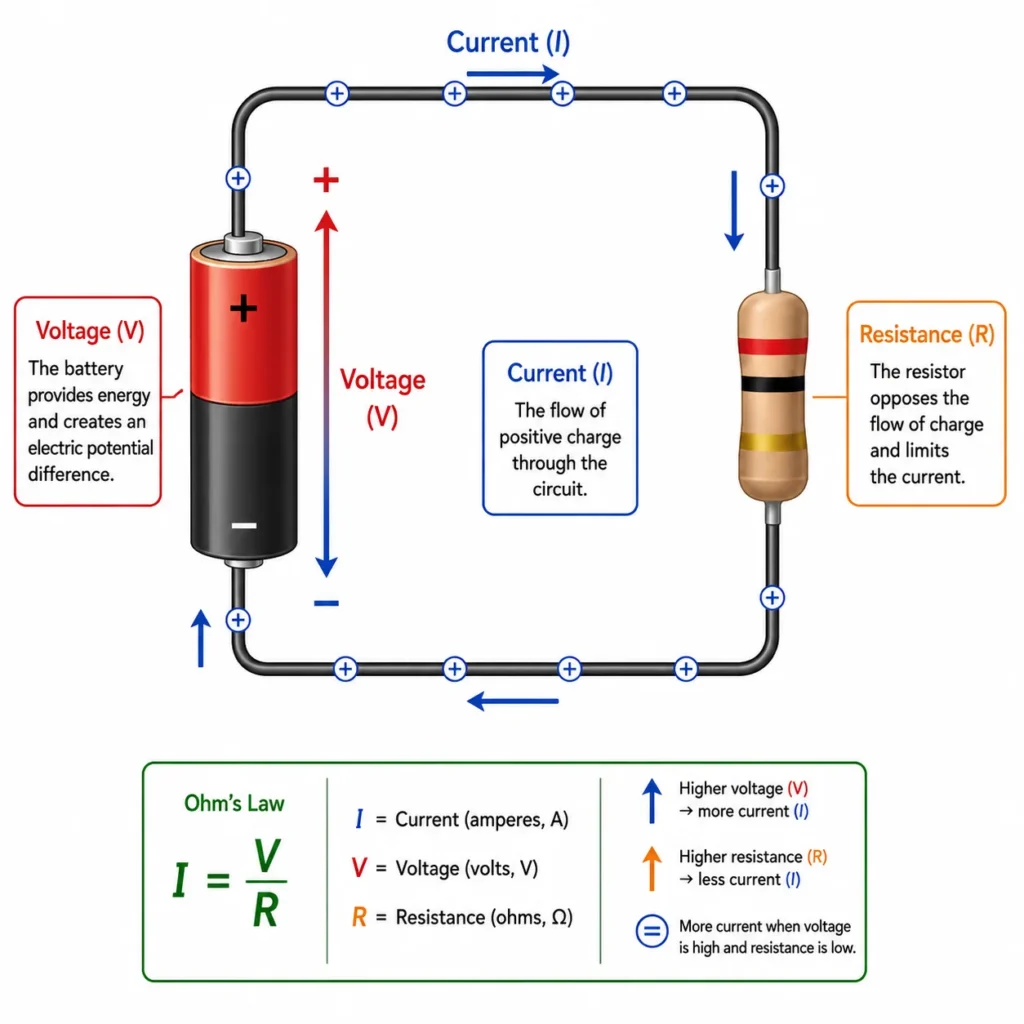 Simple circuit with a battery, resistor, moving charges, current arrows, voltage label, resistance label, and Ohm’s law formula showing current equals voltage divided by resistance.