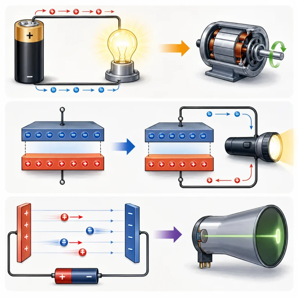Educational illustration showing voltage transferring energy through moving charge in a battery circuit, capacitor discharge, and charged-particle acceleration.